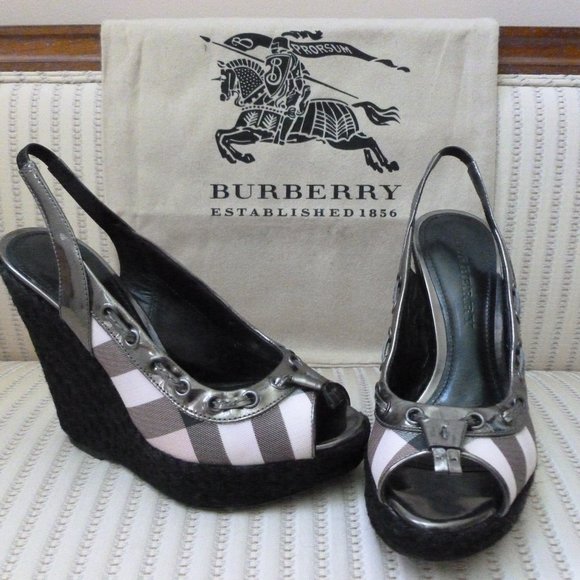 Burberry Shoes - Burberry Gray Check Peep Toe Wedge Sandals